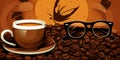 A cup of coffee and a pair of sunglasses on a saucer, AI