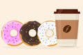 A cup of coffee in a paper cup with a lid and donuts with different fillings