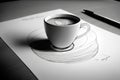 Cup of coffee on paper with sketches on wooden table. Black and white.