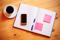 Cup of coffee, pen, opened organizer and smartphone Royalty Free Stock Photo
