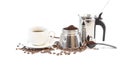 Cup of coffee, percolator and coffee beans Royalty Free Stock Photo