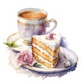 Cup of Coffee with Piece of Cake, Flowers Watercolor Isolated