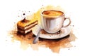 Cup of Coffee with Piece of Cake, Watercolor Painting Isolated on White Royalty Free Stock Photo