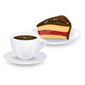 A cup of coffee and a piece of chocolate cake with jam isolated on white background. Vector illustration.