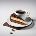 Cup of coffee and piece of chocolate cake on white background.