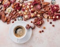 Cup of coffee with pieces of milk chocolate with nuts and chocolate candies Royalty Free Stock Photo