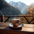Cup of coffee is placed on wooden table, surrounded by mountains and trees. The scene is set in nature with mountain Royalty Free Stock Photo