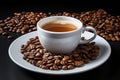 a cup of coffee on a plate with coffee beans Royalty Free Stock Photo