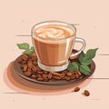 a cup of coffee on a plate with beans and leaves Royalty Free Stock Photo