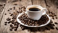 A cup of coffee on a plate with coffee beans Royalty Free Stock Photo