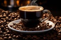 a cup of coffee is on a plate of roasted coffee beans Royalty Free Stock Photo