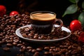 a cup of coffee on a plate surrounded by coffee beans Royalty Free Stock Photo