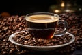 a cup of coffee on a plate surrounded by coffee beans Royalty Free Stock Photo