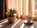 A cup of coffee and potted cactus on the table by the window, a window with a bright light shining through its window Royalty Free Stock Photo