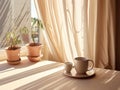 A cup of coffee and potted plants on the table by the window, a window with a bright light shining through it Royalty Free Stock Photo