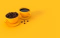 Cup of coffee and realistic coffee beans, 3d rendering background. Masses of coffee beans close up. Pastel colors Royalty Free Stock Photo