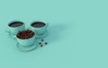 Cup of coffee and realistic coffee beans, 3d rendering background. Masses of coffee beans close up Royalty Free Stock Photo