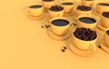 Cup of coffee and realistic coffee beans, 3d rendering background. Masses of coffee beans close up. Pastel colors Royalty Free Stock Photo