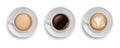 Cup coffee. Realistic mugs on plate top view. White ceramic utensil with morning aroma drink espresso and latte or