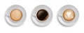 Cup coffee. Realistic mugs on plate top view. White ceramic utensil with morning aroma drink espresso and latte or cappuccino, hot