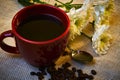 Cup of coffee in red cup beans and flowers Royalty Free Stock Photo