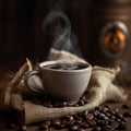 Cup of coffee and roasted coffee beans on the table in old, rustic kitchen. Ai Generative image Royalty Free Stock Photo