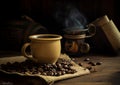 Cup of coffee and roasted coffee beans on the table in old, rustic kitchen. Ai Generative image Royalty Free Stock Photo