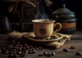 Cup of coffee and roasted coffee beans on the table in old, rustic kitchen. Ai Generative image Royalty Free Stock Photo