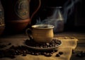 Cup of coffee and roasted coffee beans on the table in old, rustic kitchen. Ai Generative image Royalty Free Stock Photo