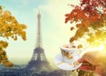 Cup of coffee in Paris, France with view of Eiffel tower Royalty Free Stock Photo