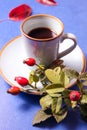 Cup of coffee and rose hip branch Royalty Free Stock Photo