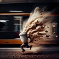 Cup of coffee running with high speed to the train, splashes, steam and coffee beans, time pressure, caffeine energy