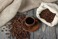 Cup of coffee, sack of coffee beans on wooden surface