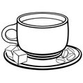 A cup of coffee on a saucer. Coffee beans and sugar pieces. Line drawing. For colorin