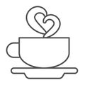 Cup of coffee on saucer and heart shaped steam thin line icon, dating concept, mug, smoke vector sign on white Royalty Free Stock Photo