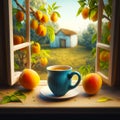 Cup of coffee on saucer next to window with view of peach orchard. Generative AI