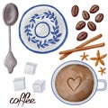 Cup of coffee, saucer, spoon, sugar, coffee, cinnamon. A set of images on the theme of coffee in a watercolor style.