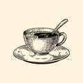 A cup of coffee on a saucer with a spoon. Vector illustration in sketch style Royalty Free Stock Photo