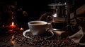 a cup of coffee on a saucer surrounded by coffee beans. generative ai Royalty Free Stock Photo