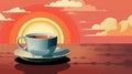 A cup of coffee on a saucer on a table, sunset with sun and clounds behind.