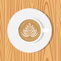 Cup of Coffee and saucer, top view, on realistic wooden surface. Vector illustration. Cappuccino with drawing on foam surface.