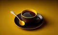 A cup of coffee on a saucer on a yellow background, generative AI