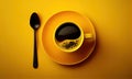 A cup of coffee on a saucer on a yellow background, generative AI Royalty Free Stock Photo