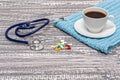 Cup of coffee, scarf, stethoscope and pills