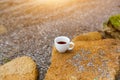 Cup of coffee on the sea water and stone background. Sea freshness morning concept