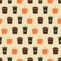 Cup coffee seamless pattern. Different types cup coffee in retro color. Coffee background Royalty Free Stock Photo