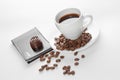 A cup of coffee, seeds, candy and cards Royalty Free Stock Photo