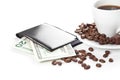 A cup of coffee, seeds, candy and money Royalty Free Stock Photo