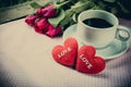 Cup of coffee, shape heart text love and rose Royalty Free Stock Photo