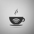 Cup of coffee shop with free wifi zone sign. Internet connection placard icon isolated on grey background